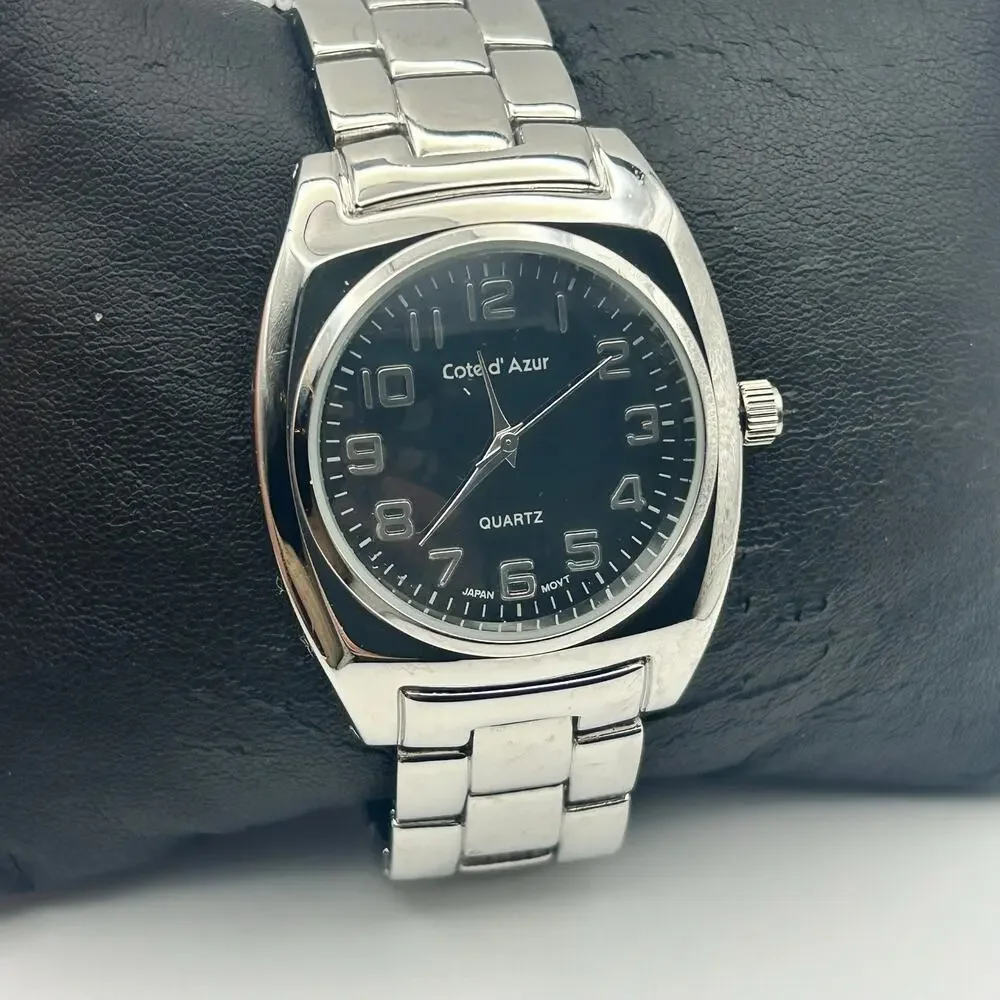 Cote d'Azur Silver Tone Black Dial Stainless Steel Men’s Watch New Battery